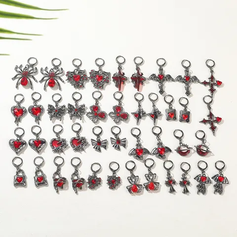 Goth Dark Style Alloy Red Rhinestone Earrings Vintage Punk Spider Web Heart Cross Drop Earrings For Women Jewelry