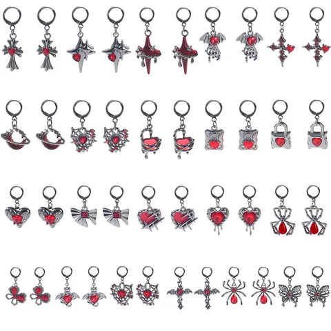 Goth Dark Style Alloy Red Rhinestone Earrings Vintage Punk Spider Web Heart Cross Drop Earrings For Women Jewelry