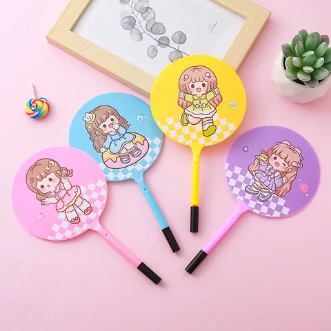 Creative Cartoon Girl Round Fan Ballpoint Pen 0.5mm Blue Ink Ins Style Cute Student Gift Plastic Stationery For School