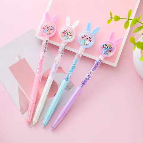 Cartoon Rabbit Cat Quicksand Glitter Gel Pen 0.5mm Black Ink Sequin Sign Pen Student Stationery School Office Writing Tools