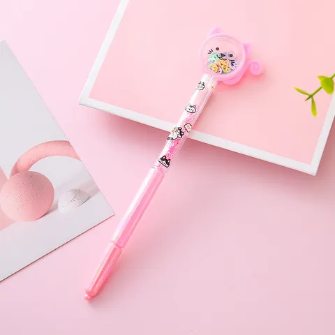 Cat Quicksand Gel Pen Creative Sequin Liquid Glitter Ballpoint Pen 0.5mm Needle Nib Black Ink School Office Gift Writing Tool