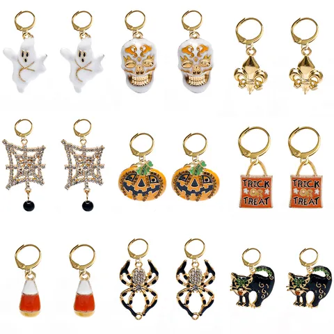 Halloween Theme Alloy Rhinestone Drop Earrings Spiders Pumpkins Skulls Ghosts Black Cat Fashion Jewelry Party Gift For Women