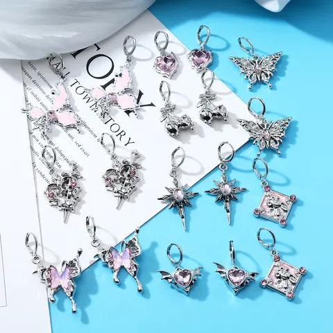 Sweet Cute Pink Rhinestone Zinc Alloy Stud Earrings Y2K Style Heart Cross Butterfly Women Jewelry