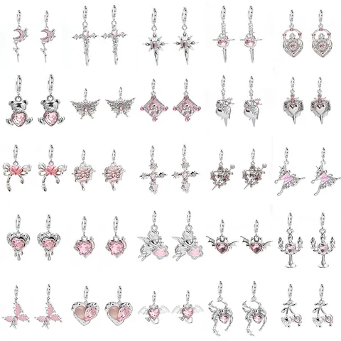 Sweet Cute Pink Rhinestone Zinc Alloy Stud Earrings Y2K Style Heart Cross Butterfly Women Jewelry