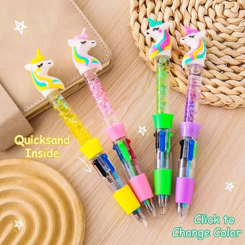Creative Unicorn Liquid Quicksand 4-in-1 Ballpoint Pen Four Colors Retractable Multi-color Writing Pen For Students School Office Stationery Gift