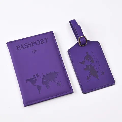 PU Leather Passport Cover And Luggage Tag Set Travel Document Holder With World Map Embossed Design For Men Women