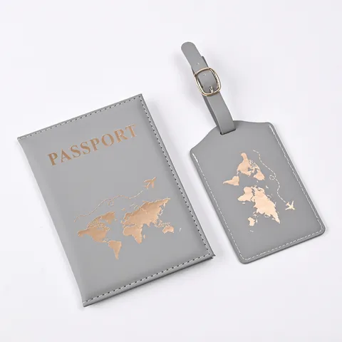 PU Leather Passport Cover And Luggage Tag Set World Map Hot Stamping Travel Document Organizer Passport Holder