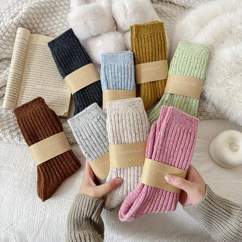 Women Winter Thickened Warm Wool Flecked Yarn Mid Tube Pile Socks Casual Japanese Style Comfortable Soft Long Socks