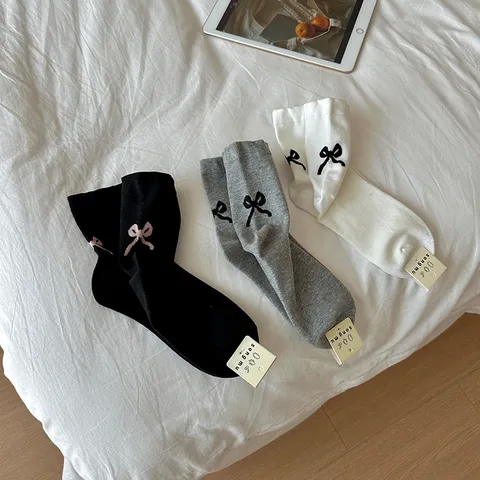 Calcetines de Media Caña de Algodón Casual para Mujer Diseño de Lazo Dulce Color Sólido Moda Suave Transpirable Diario