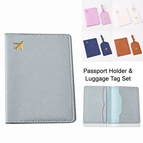 PU Leather Passport Cover And Luggage Tag Set Travel Document Holder Hot Stamping Airplane Pattern Organizer Multi Color