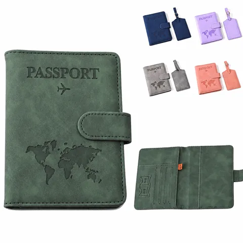 PU Leather Passport Holder And Luggage Tag Set Travel Wallet Card Case With RFID Protection World Map Embossed Design