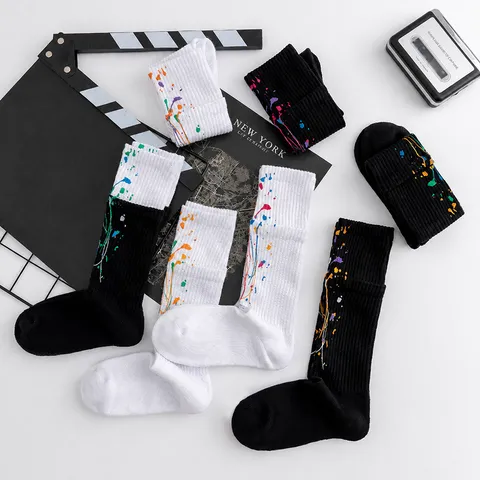 Unisex Casual Crew Socks Cotton Blend Colorful Splash Ink Print Athletic Sports Socks Fashion Streetwear Hosiery