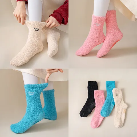Women Winter Warm Solid Color Plush Crew Socks Casual Thickened Embroidery Anti-Slip Fleece Thermal Pile Socks