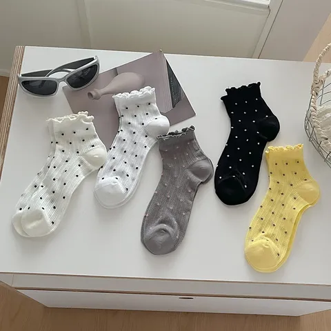 Women's Ballet Style Polka Dot Lettuce Edge Lightweight Breathable Mesh Short Socks Casual Daily Cotton Socks