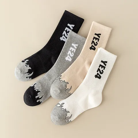 Unisex Casual High Tube Cotton Socks Trendy Flame Letter Print Streetwear Sports Athletic Socks For Daily Wear