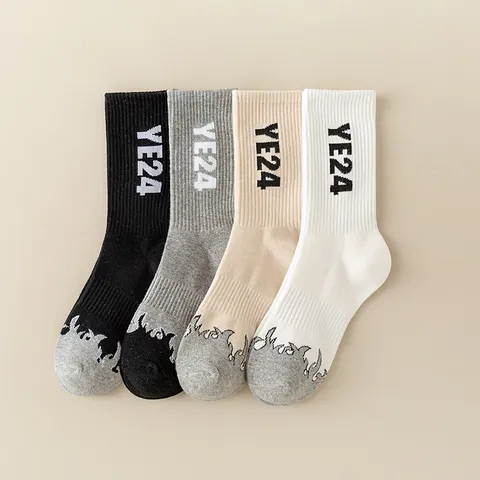 Unisex Casual High Tube Cotton Socks Trendy Flame Letter Print Streetwear Sports Athletic Socks For Daily Wear
