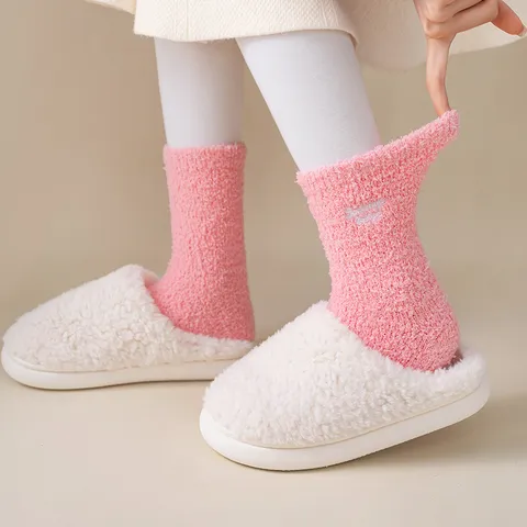Women Winter Warm Solid Color Plush Crew Socks Casual Thickened Embroidery Anti-Slip Fleece Thermal Pile Socks