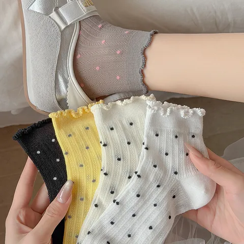 Women's Ballet Style Polka Dot Lettuce Edge Lightweight Breathable Mesh Short Socks Casual Daily Cotton Socks