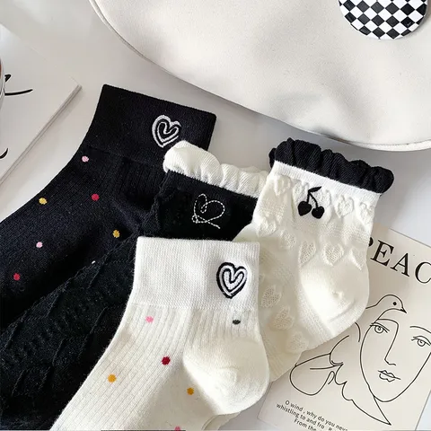 Women Casual Cotton Short Socks Cute Heart Cherry Embroidery Polka Dot Ruffle Trim Ankle Socks Fashion Hosiery