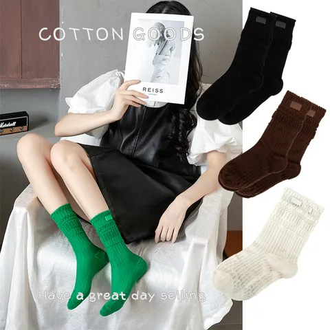 Winter Thickened Terry Women Long Socks Casual Korean Style Cotton Tube Socks With Leather Label Warm Footwear