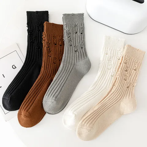 Unisex Hollow Out Distressed Crew Socks Casual Cotton Blend Solid Color And Stripe Breathable Fashion Streetwear Socks