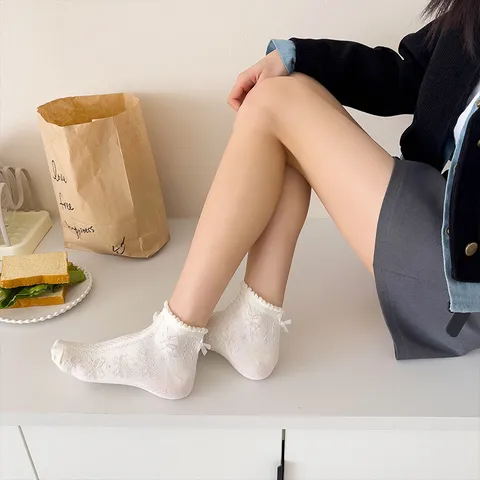 Women Cute Bowknot Short Socks Hollow Out Summer Casual Cotton Breathable Ankle Socks