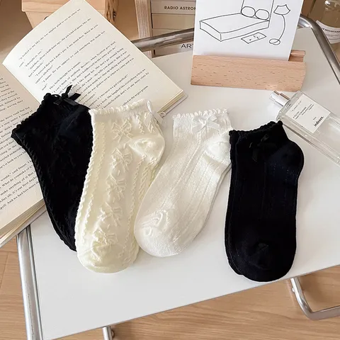 Women Cute Bowknot Short Socks Hollow Out Summer Casual Cotton Breathable Ankle Socks