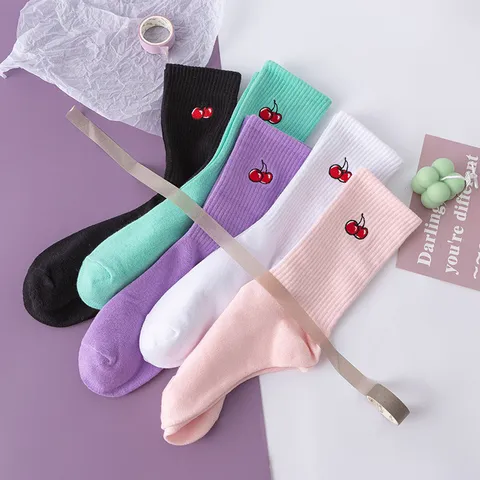 Unisex Cotton Crew Socks Cute Cherry Embroidered Casual Sports Winter Thermal Socks