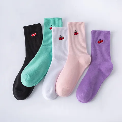 Unisex Cotton Crew Socks Cute Cherry Embroidered Casual Sports Winter Thermal Socks