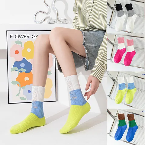 Women Casual Cotton Blend Color Block Distressed Crew Socks Spring Summer Breathable Fashion Casual Sock