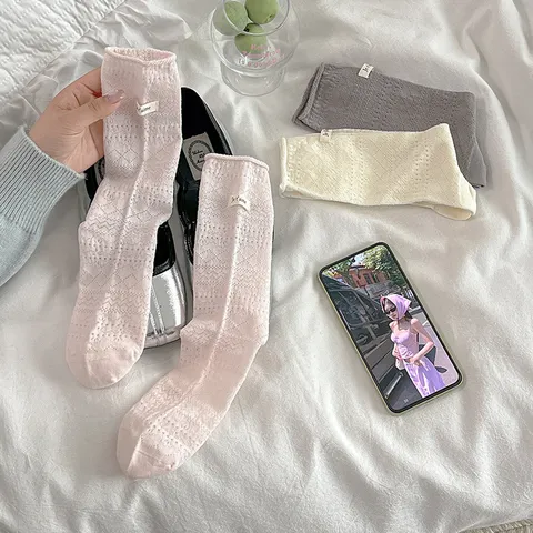 Women Casual Combed Cotton Mid-Calf Socks Breathable Mesh Cloth Label Socks