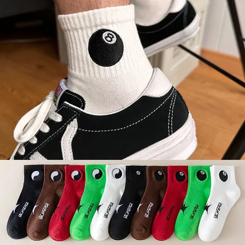 Unisex Cotton Blend Casual Crew Socks Streetwear Skater Black 8 Ball And Bagua Embroidery Fashion Mid Tube Socks