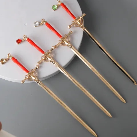 Retro Chinese Style Sword Hair Stick Alloy Metal Hairpin With Faux Gemstone Elegant Hair Accessories For Women