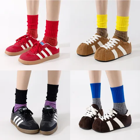 Unisex Snowflake Colorblock Crew Socks Chunky Knit Casual Cotton Socks