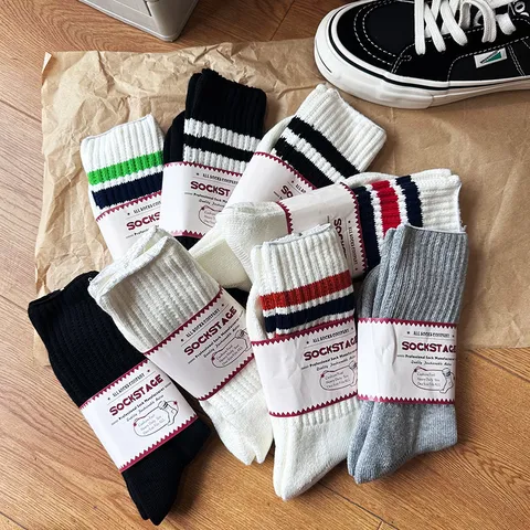 Unisex Japanese Retro Striped Thickened Brushed Cotton Crew Socks Casual Sports Winter Warm Long Socks