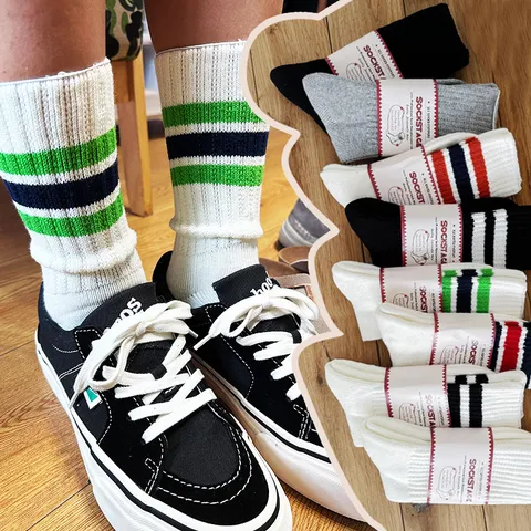 Unisex Japanese Retro Striped Thickened Brushed Cotton Crew Socks Casual Sports Winter Warm Long Socks
