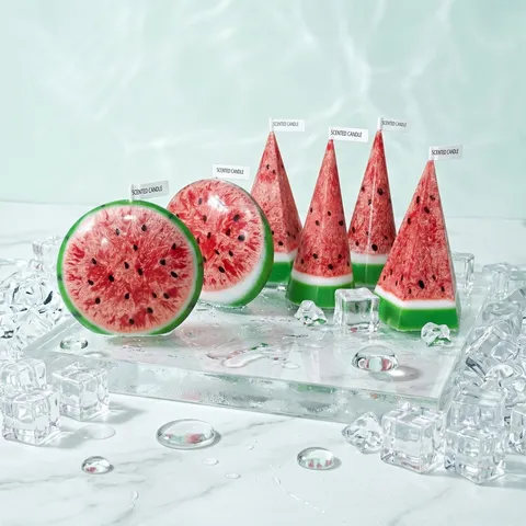 Handmade Watermelon Scented Candle Ice Crack Texture Palm Soy Wax Fruit Shape Desktop Ornament Aromatherapy Gift