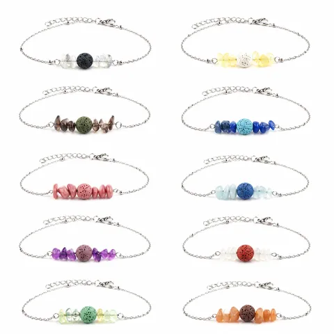 Bracciale Diffusore di Olii Essenziali in Pietra Lavica Naturale Fatto a Mano Per Donna Frammenti di Pietre Preziose Regolabili Gioielli