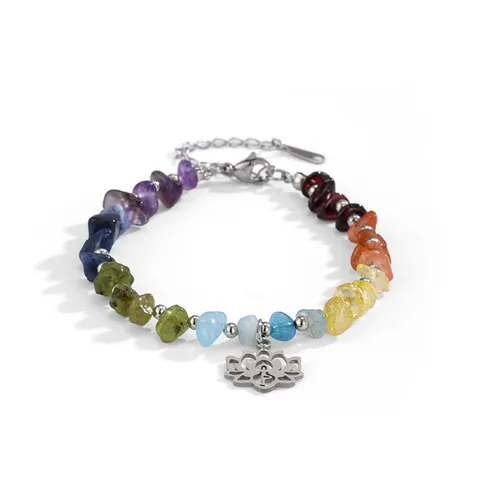 Natural Raw Stone Amethyst Yoga Bracelet Stainless Steel Hollow Lotus Pendant Zen Bohemian Beaded Jewelry for Women