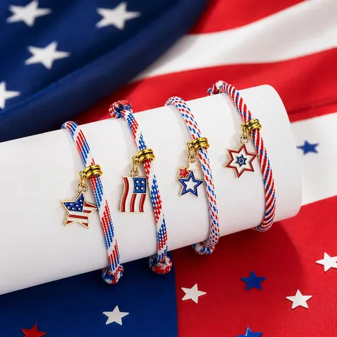 Amerikanische Flagge Paracord Armband Handgemacht Geflochten Emaille Legierung Anhänger Armband Verstellbar Unabhängigkeitstag Patriotischer Schmuck Für Damen