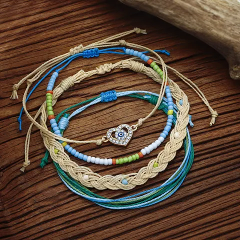 Bracciali Intrecciati in Cordoncino di Cera Bohemien Evil Eye Hamsa Hand Heart Shell Charms Gioielli da Spiaggia Fatti a Mano