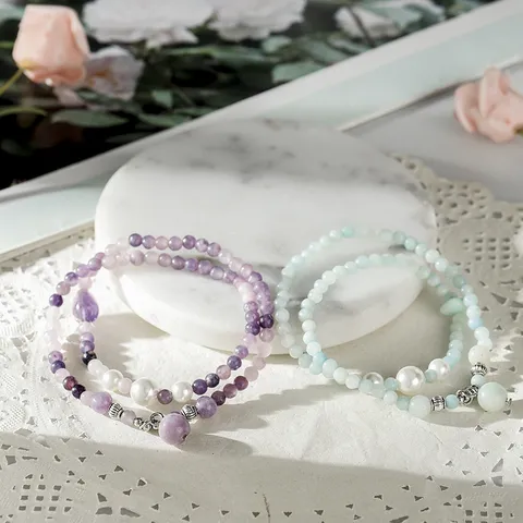 Natural Stone Beaded Bracelet For Women Double Layer Layered Stackable Indian Agate Rose Quartz Amazonite Bracelet Jewelry Gift