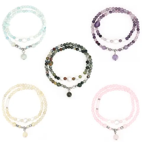 Natural Stone Beaded Bracelet For Women Double Layer Layered Stackable Indian Agate Rose Quartz Amazonite Bracelet Jewelry Gift