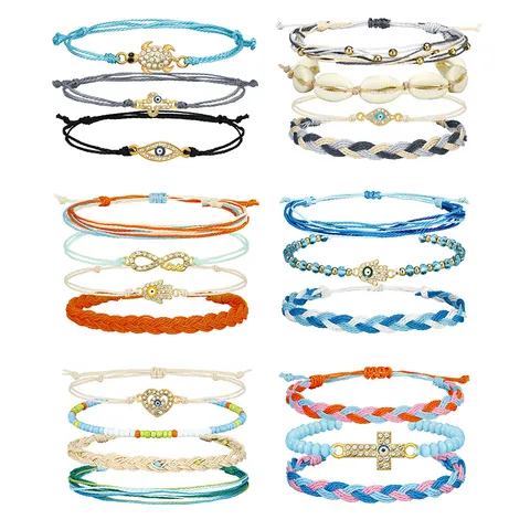 Bracciali Intrecciati in Cordoncino di Cera Bohemien Evil Eye Hamsa Hand Heart Shell Charms Gioielli da Spiaggia Fatti a Mano