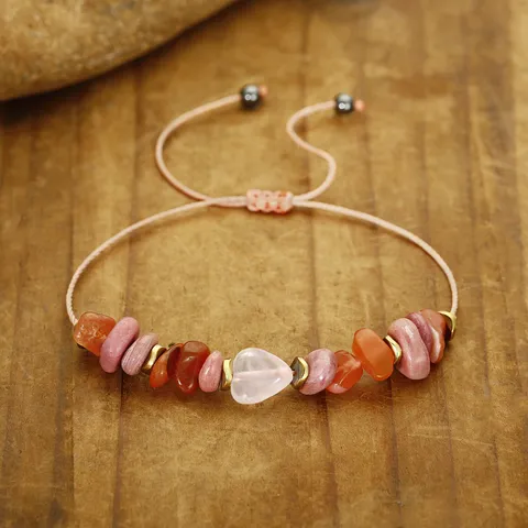 Braccialetto Artigianale in Pietra Naturale a Cuore Per Donna Uomo Bracciale dell'Amicizia Regolabile Con Schegge di Pietra e Biglietto