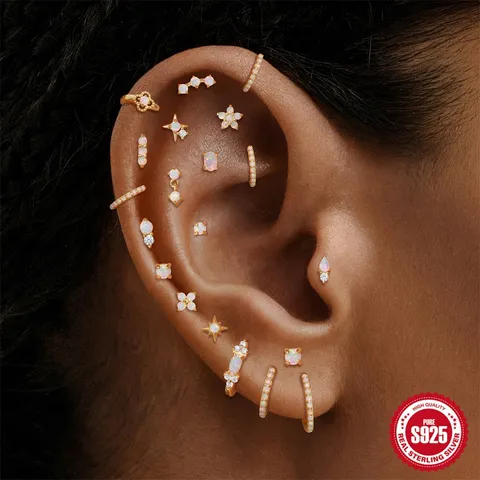 925 Sterling Silver Opal Hoop Earrings For Women Gold Plated Synthetic Opal Zirconia Ear Bone Ring Piercing Jewelry