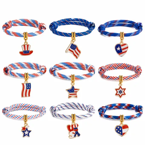 Amerikanische Flagge Paracord Armband Handgemacht Geflochten Emaille Legierung Anhänger Armband Verstellbar Unabhängigkeitstag Patriotischer Schmuck Für Damen