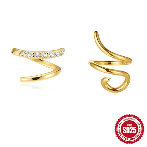 925 Sterling Silver Spiral Ear Cuff For Women Gold Plated Non Piercing Ear Clip Minimalist Geometric Rhinestone Earrings Jewelry
