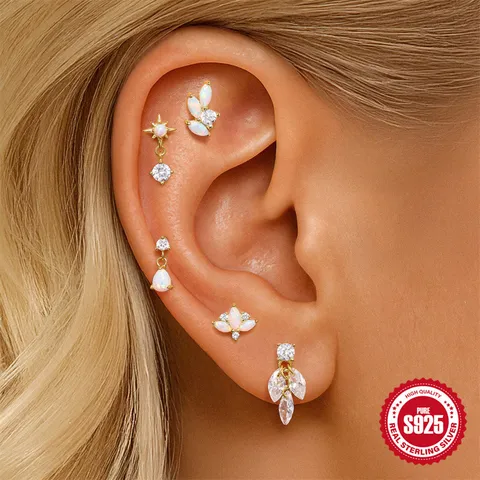 925 Sterling Silver Zirconia Cartilage Piercing Stud Geometric Tassel Chain Ear Bone Stud For Women Minimalist Jewelry