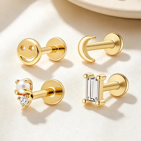 925 Sterling Silver Geometric Piercing Labret Stud Earrings Gold Rhinestone Artificial Pearl Crescent Moon Smiley Face Cartilage Earring For Women